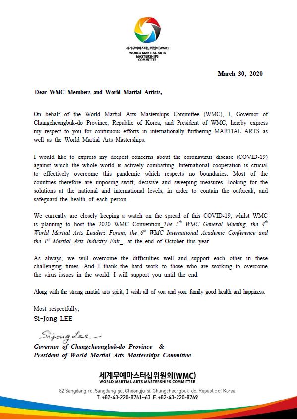 Letter from President of World Martial Arts Committee (WMC) Concerning COVID-19.JPG